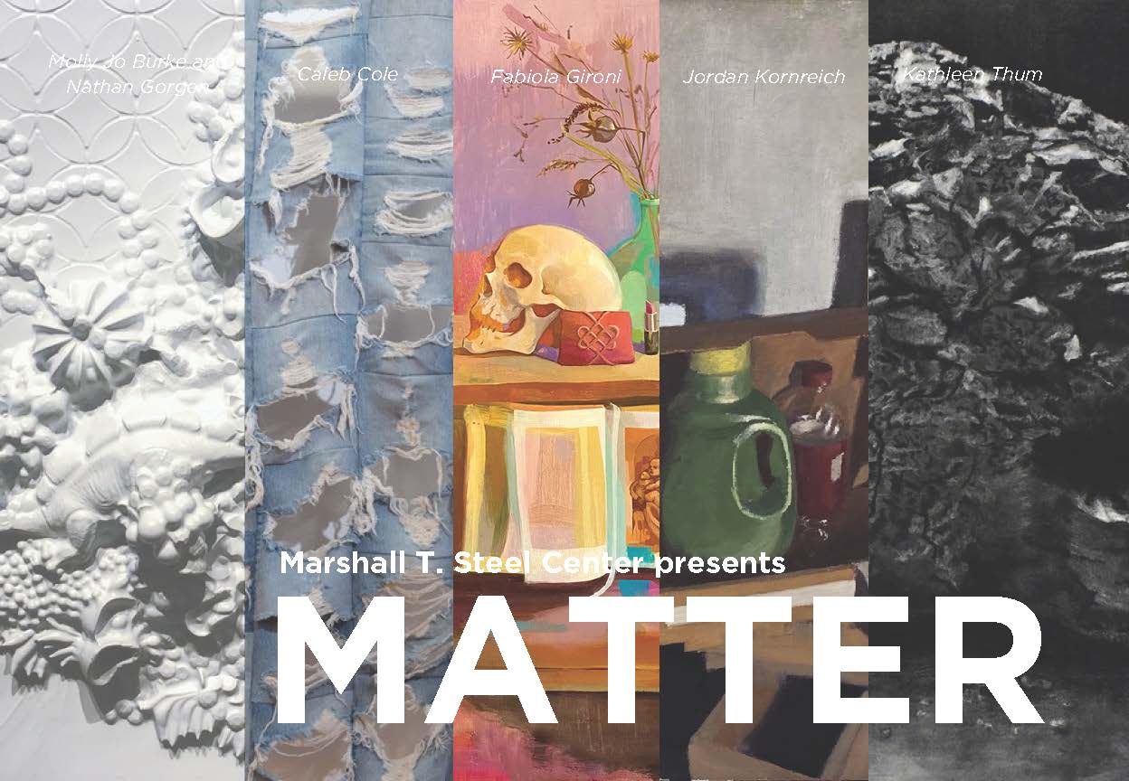 Image collage of five different artists' works that are part of the exhibition "Matter"